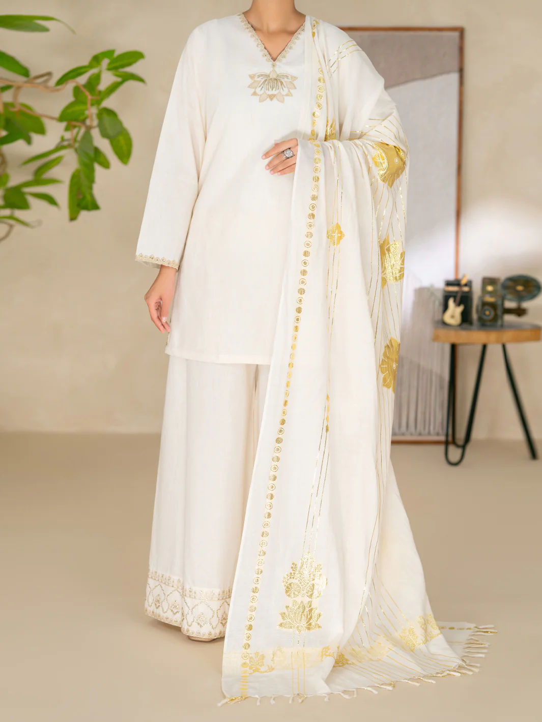 Off White Yarn Dyed Lurex Stitched 3Pc - ALP-3PS-2616