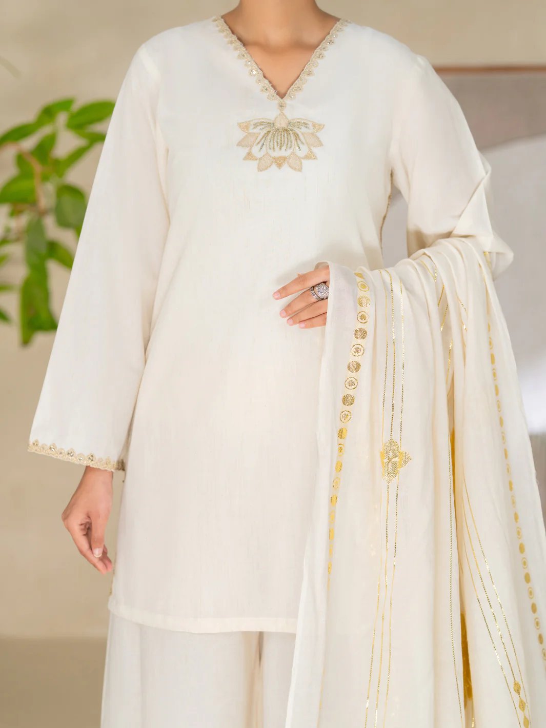 Off White Yarn Dyed Lurex Stitched 3Pc - ALP-3PS-2616 - Image 3