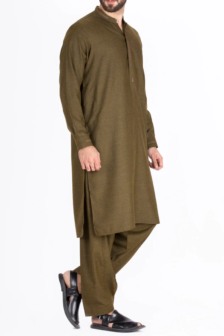Olive Green Blended Kameez Shalwar - AL-KS-2336