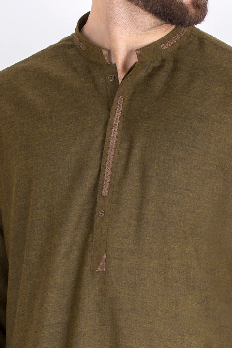 Olive Green Blended Kameez Shalwar - AL-KS-2336 - Image 2