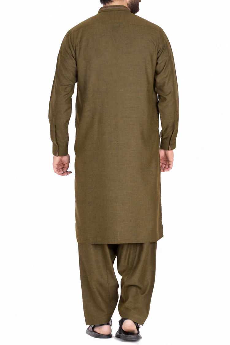 Olive Green Blended Kameez Shalwar - AL-KS-2336 - Image 3