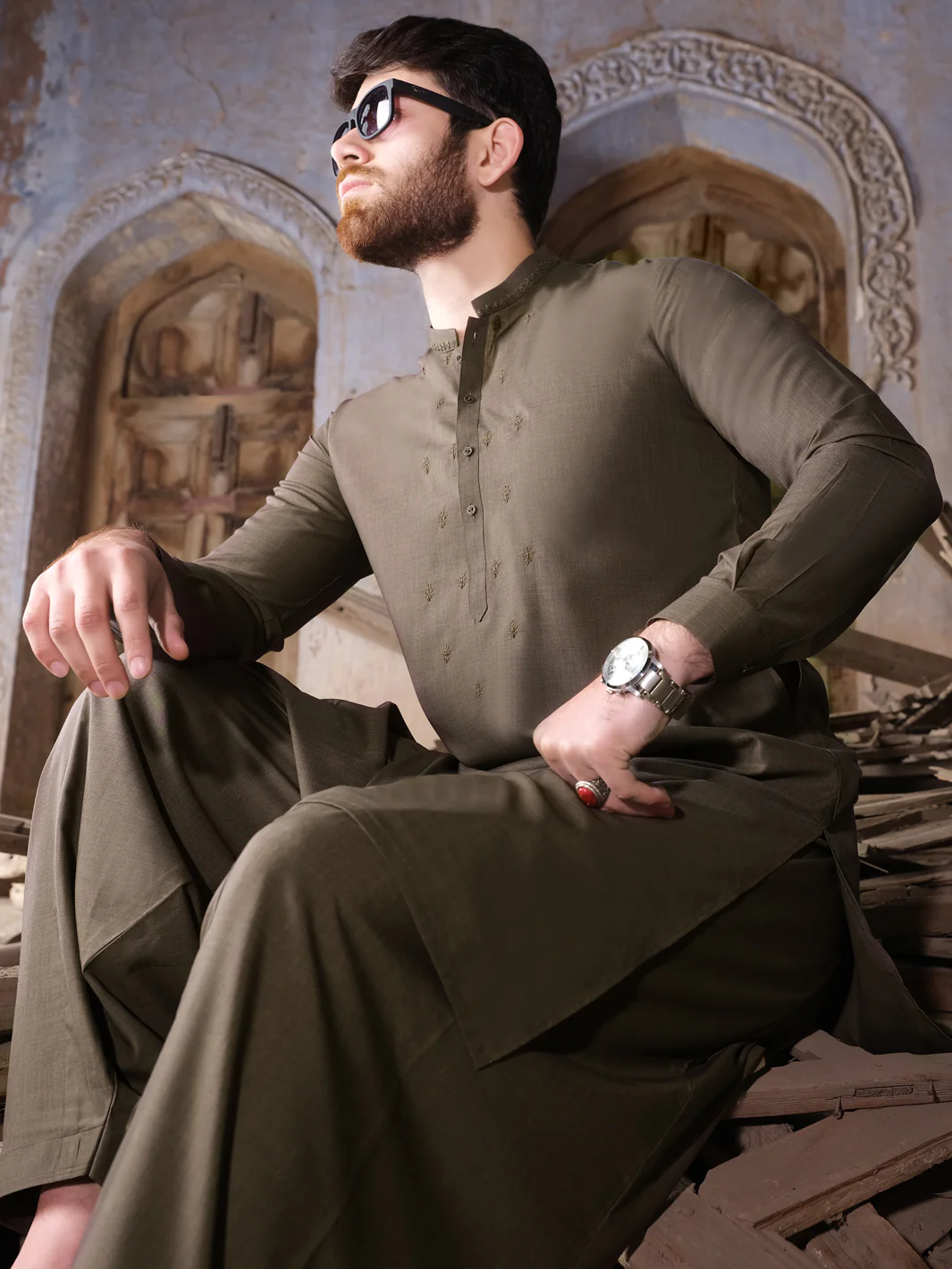 Olive Green Blended Kameez Shalwar - AL-KS-2520 - Image 2