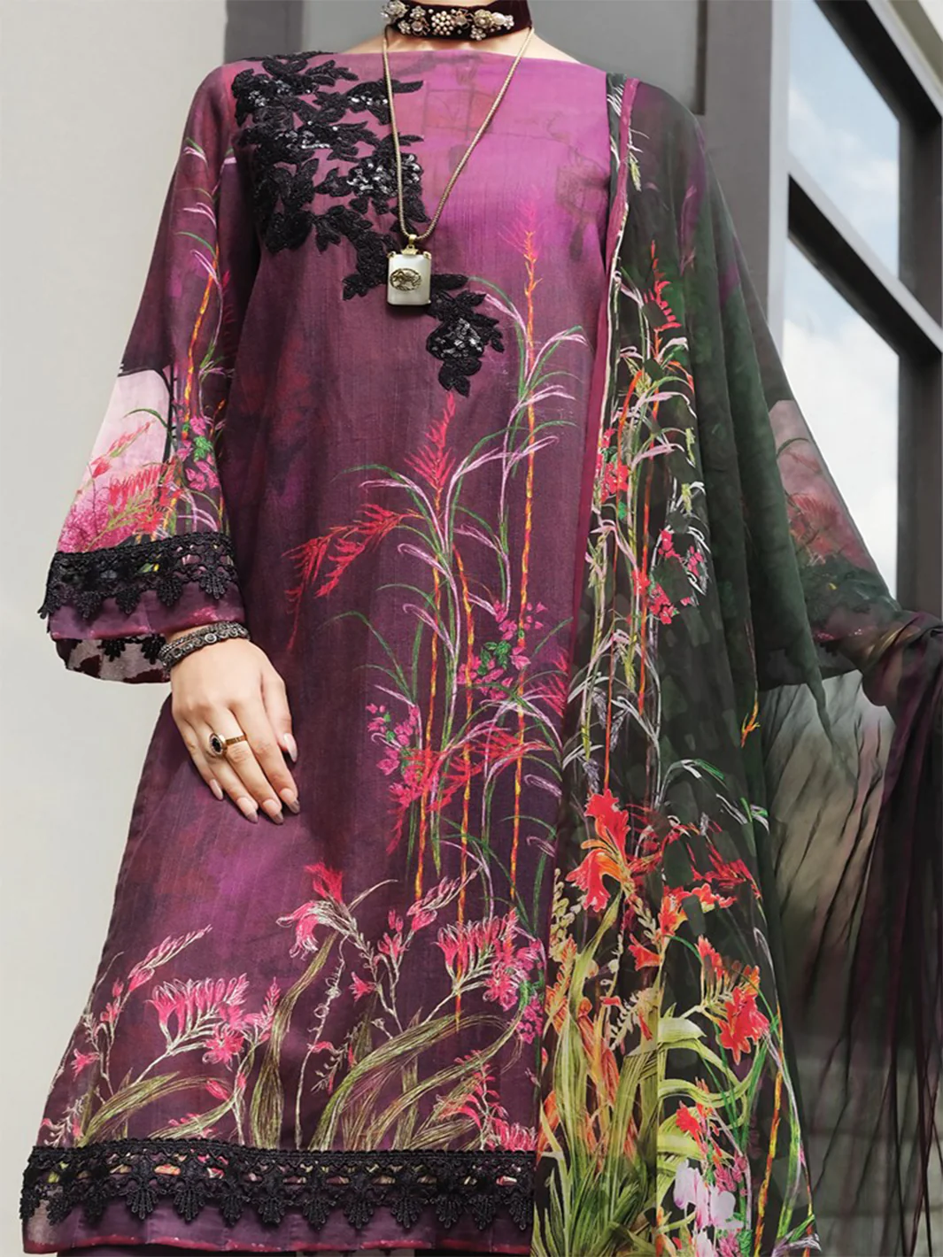 Purple Khaddar + Linen 3Pc Stitched - AWP-212 - Image 3