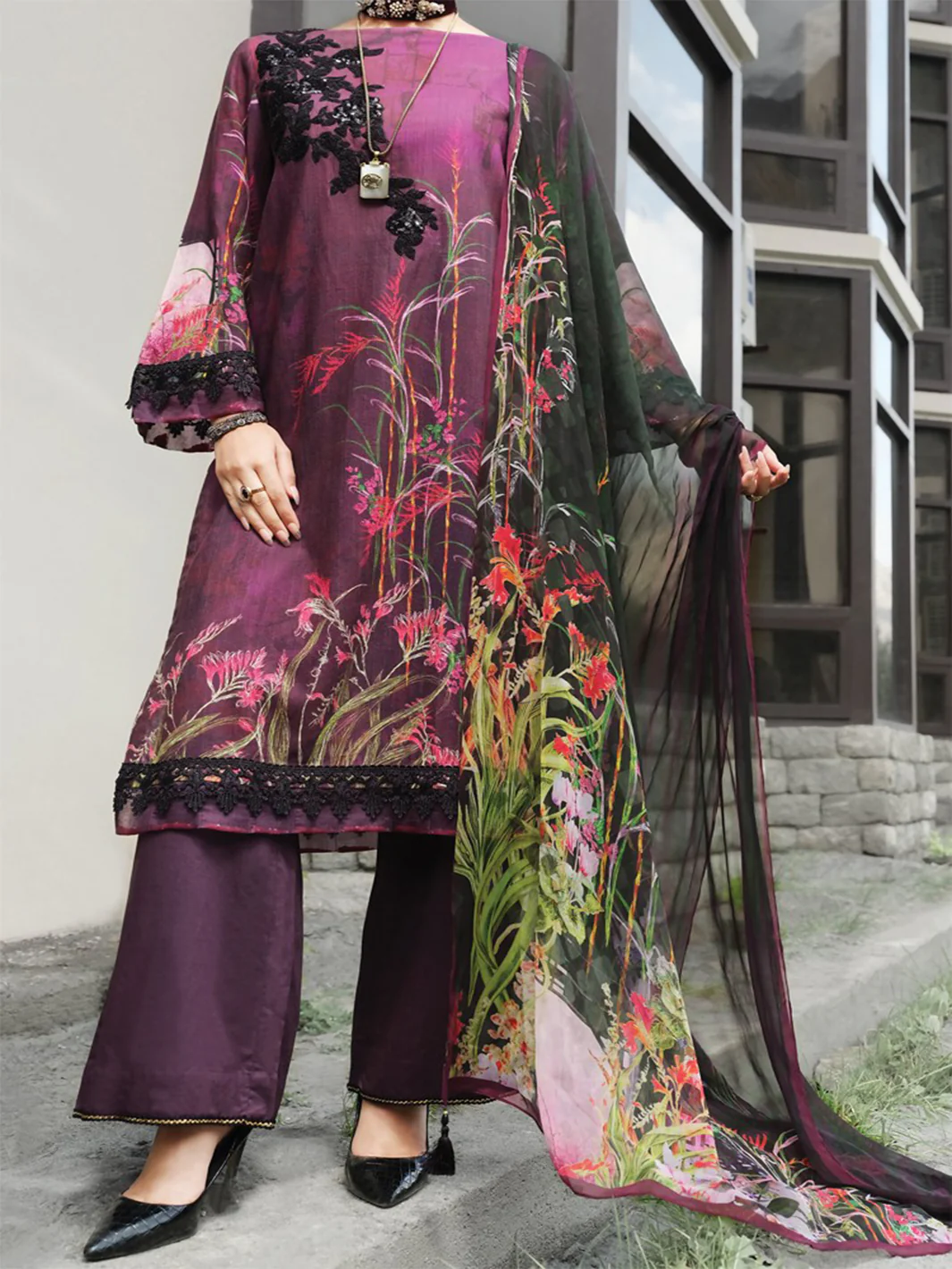 Purple Khaddar + Linen 3Pc Unstitched - AWP-212