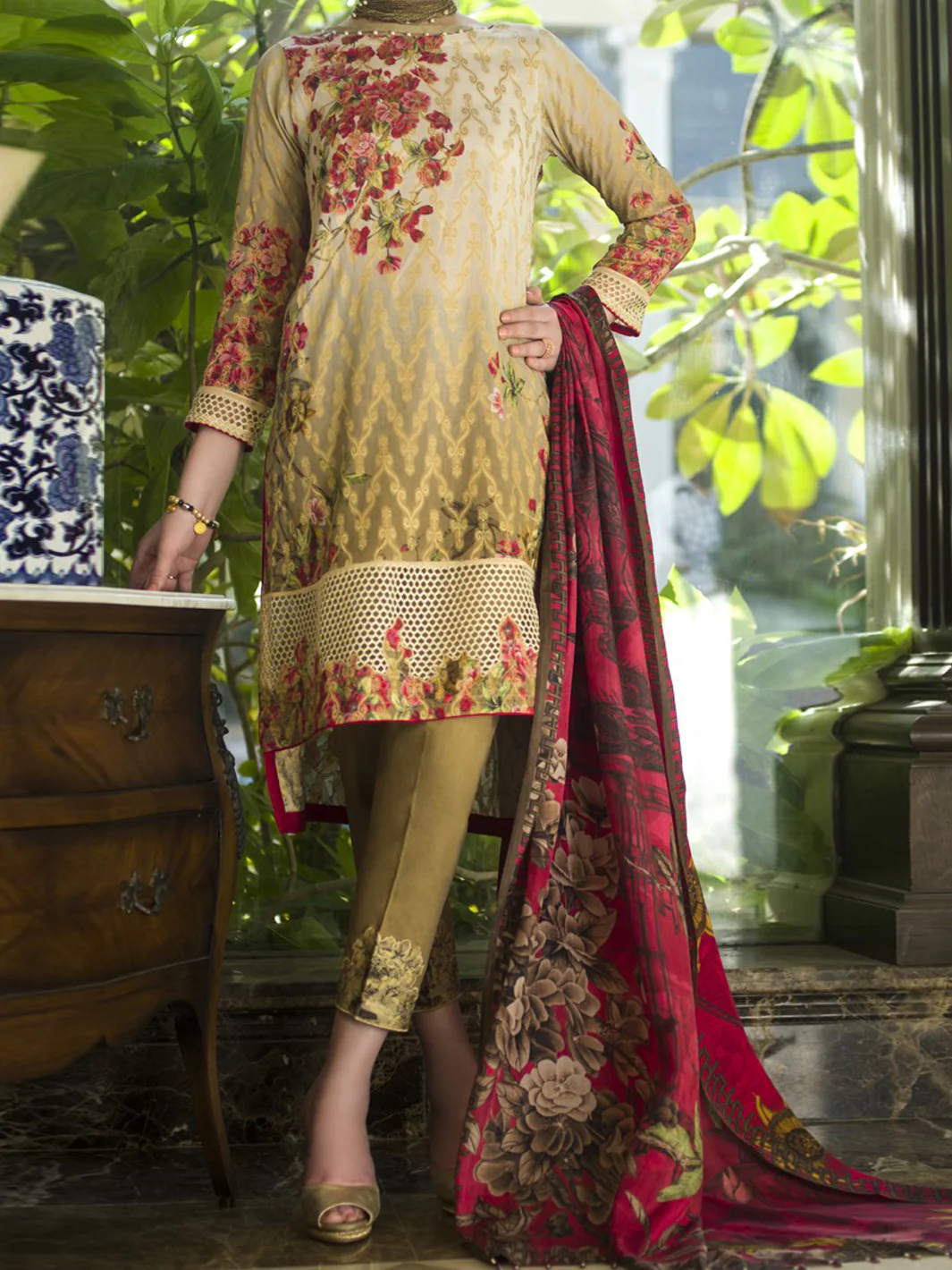 Red Jacquard 3Pc Unstitched - AWP-186