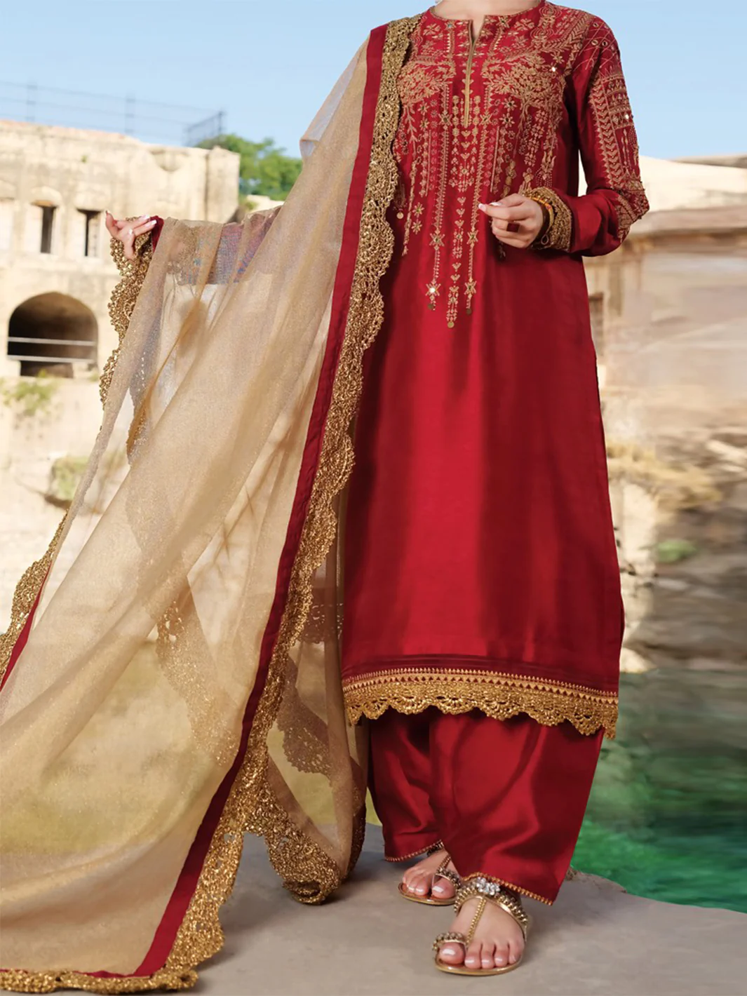 Red Raw Silk 3Pc Stitched - ALP-744