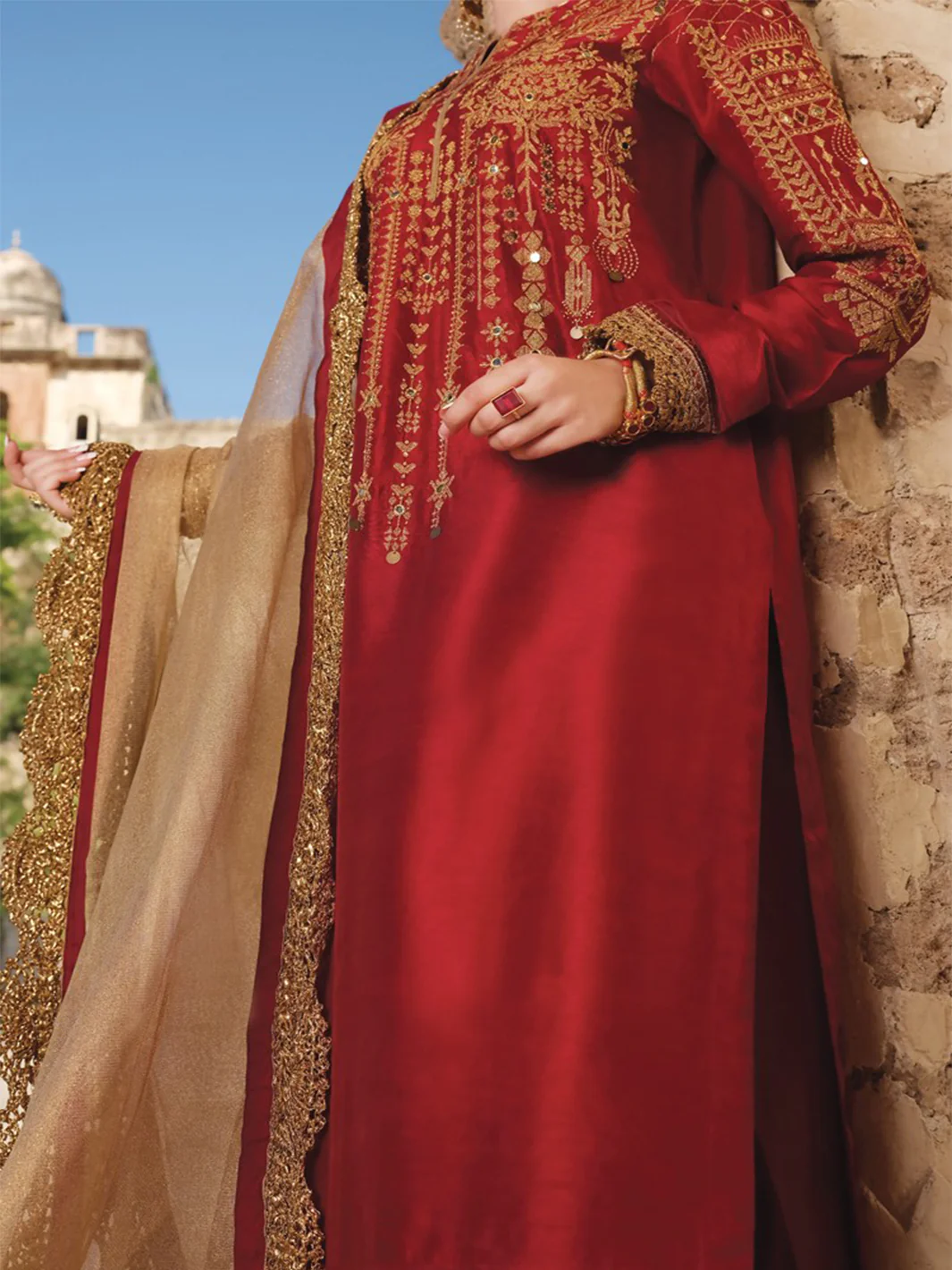 Red Raw Silk 3Pc Stitched - ALP-744 - Image 2