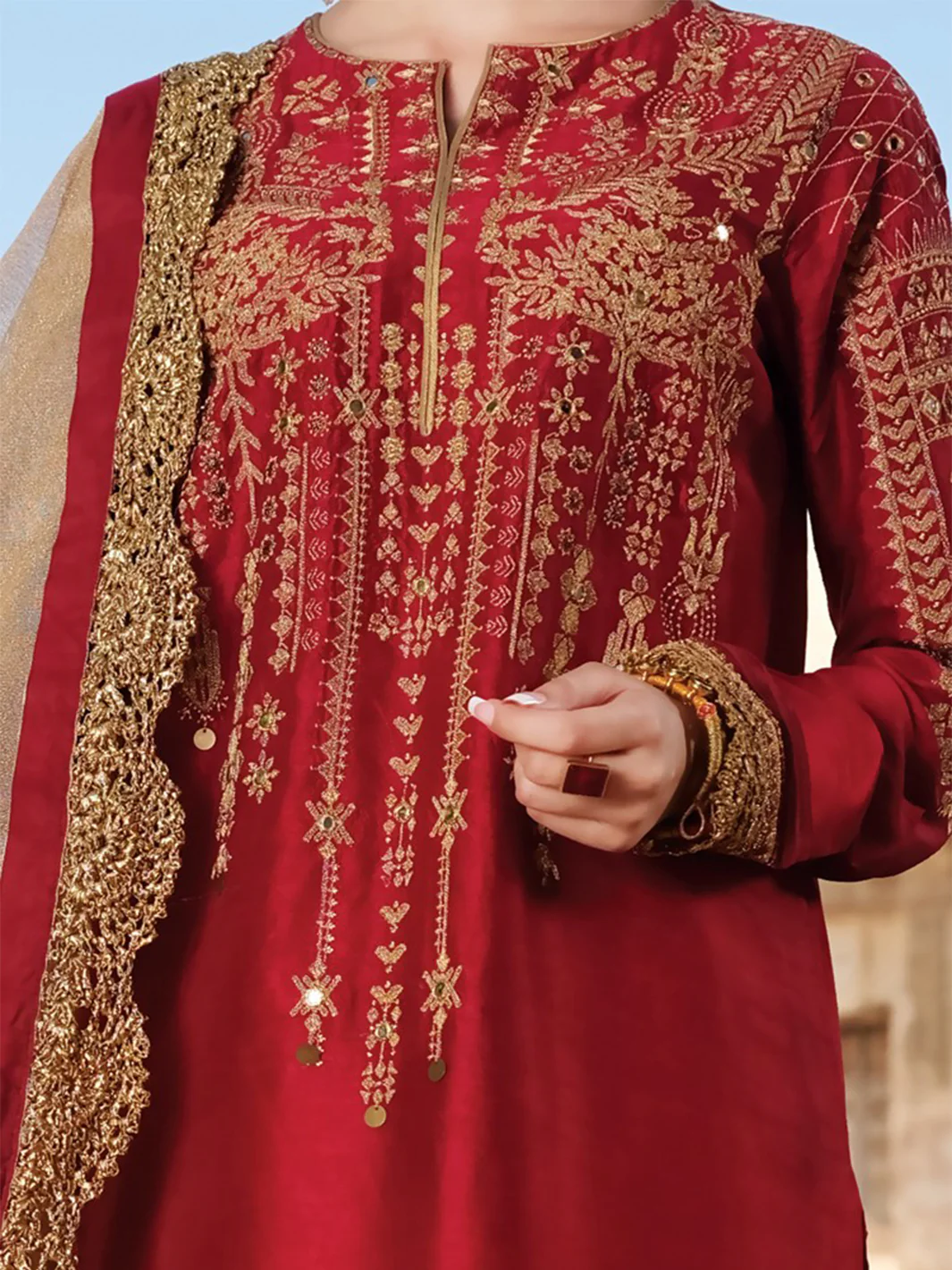 Red Raw Silk 3Pc Stitched - ALP-744 - Image 3