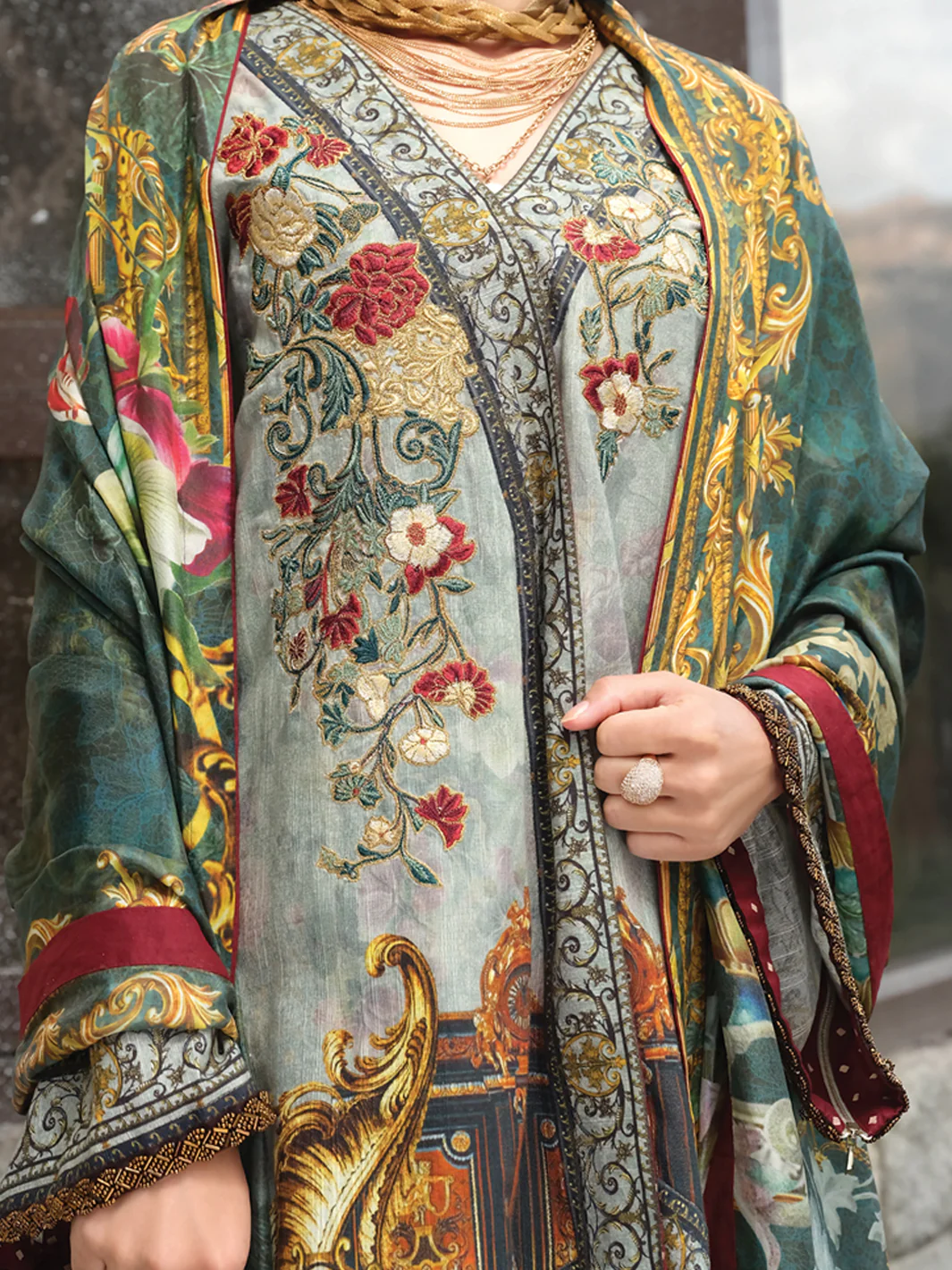 Saga Green Khaddar + Linen 3Pc Stitched - AWP-209 - Image 2
