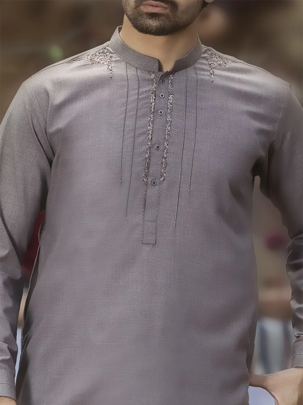 Sand Colored Blended Kameez Shalwar - AL-KS-2389 - Image 3