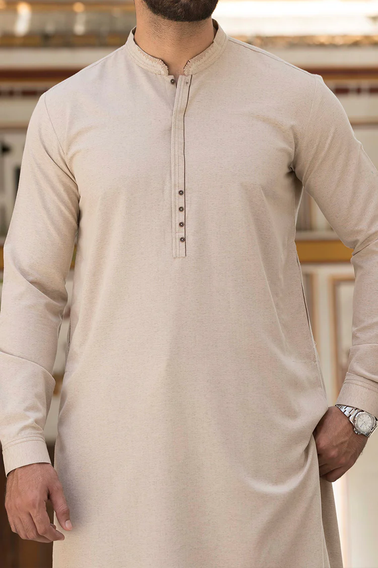 Sand Colored Blended Kameez Shalwar - AL-KS-2403 - Image 3