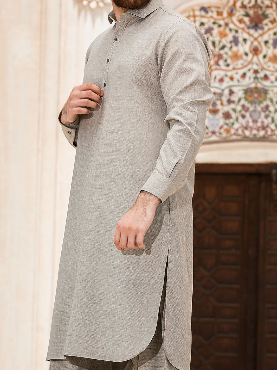 Sand Colored Blended Kameez Shalwar - ALWA-KS-148 - Image 2