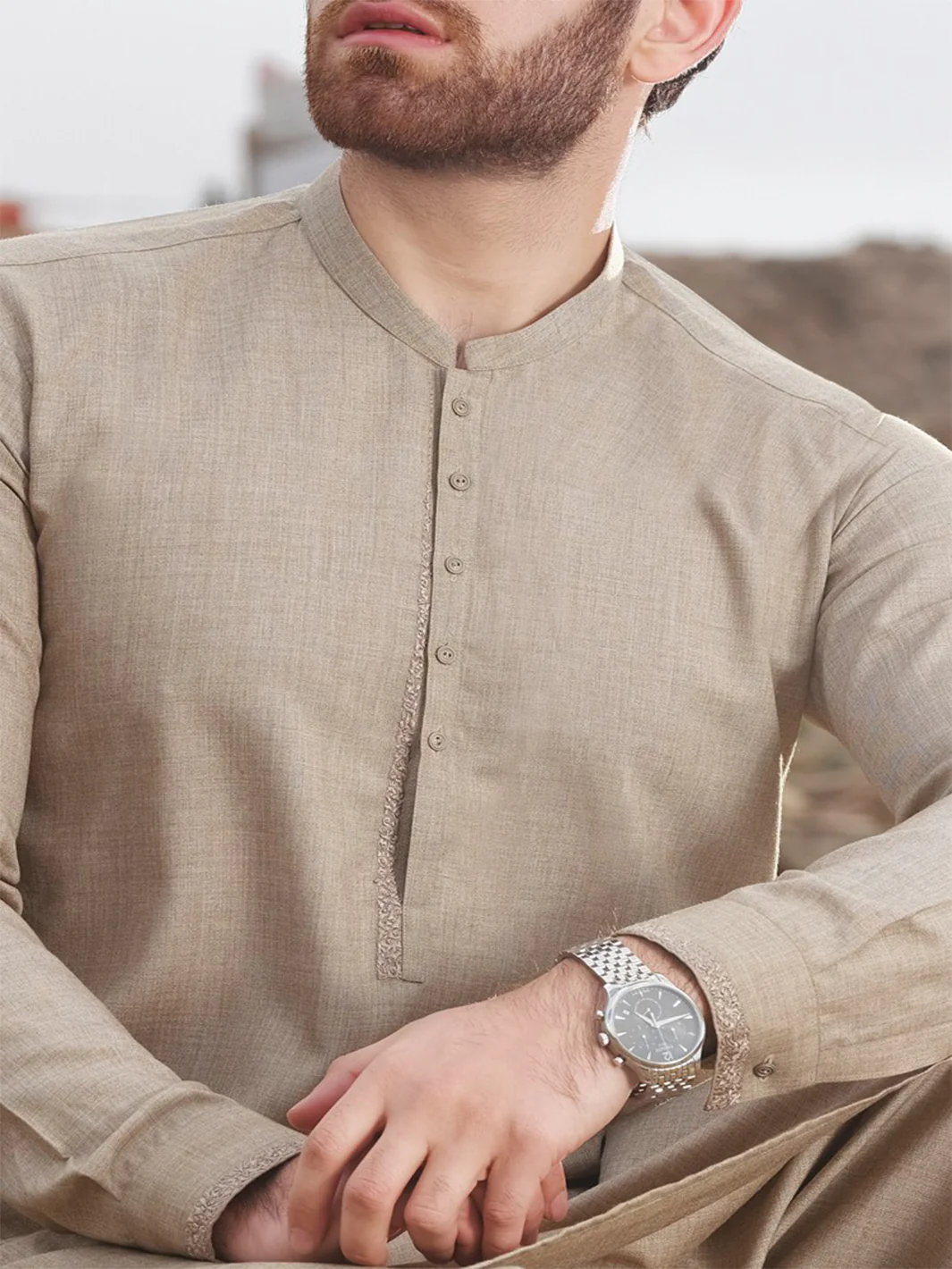 Sand Colored Blended Kameez Shalwar - AL-KS-2428 - Image 3