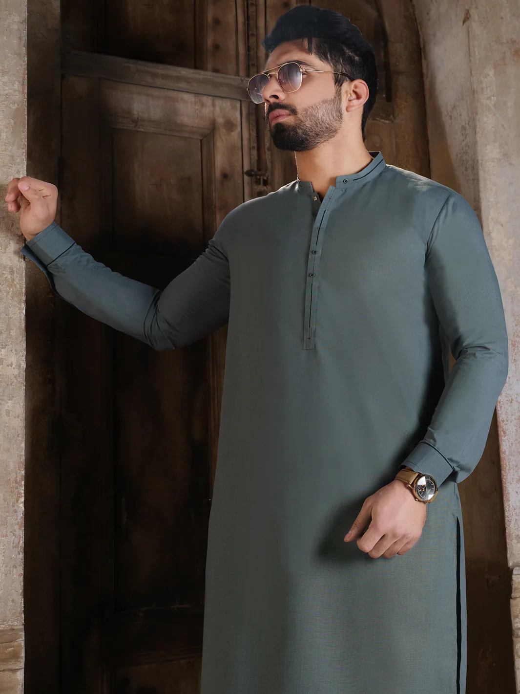 Teal Grey Blended Kameez Shalwar - AL-KS-2524 - Image 2